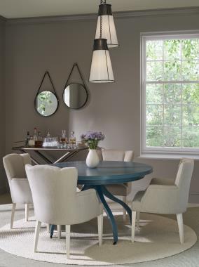 Room Scene: HC182-70 Ingold 4 Leg Pedestal base and HC181-70 Ingold Top - 54" shown in Blue Echo finish, HC4615-01 Sofia Dining Chair shown in HC4029-62 fabric and Cream Linen finish and HC3345-70 Hackney bar cart shown in Pyrite finish.