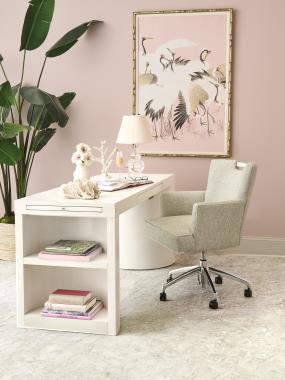 Room Scene: Room Scene: HC4618-DC Phoebe Desk Chair shown in HC321-75 fabric with  Dove White finish on handle and HC295-70 Pilar Library Table shown in Cream Linen finish.