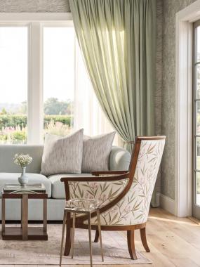 Room Scene: HC3003-46 Kate RAF Sofa & HC3003-47 Kate LAF Chaise shown in HC499-72 fabric and throw pillows in HC474-32 fabric and Chestnut finish; HC5422-22 Breck Chair shown in HC452-73 fabric with HC457-72 welt and Chestnut finish; HC3083-70 Grace Bunching Tables shown in Chestnut finish and HCP5388-STK Grace Spot Table.