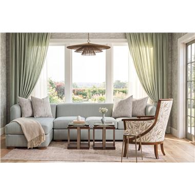 Room Scene: HC3003-46 Kate RAF Sofa & HC3003-47 Kate LAF Chaise shown in HC499-72 fabric and throw pillows in HC474-32 fabric and Chestnut finish; HC5422-22 Breck Chair shown in HC452-73 fabric with HC457-72 welt and Chestnut finish; HC3083-70 Grace Bunching Tables shown in Chestnut finish and HCP5388-STK Grace Spot Table.