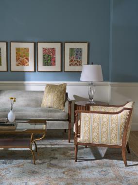 Room Scene: HC1841-51-5 Westover M2M 84" shown in HC3534-72 fabric and HC176-11 welt with throw pillows in HC810-27 fabric and Truffle finish, HC1841--51 M2M 28" shown in HC810-27-LIBERTY fabric with HC4325-12 welt and Truffle finish, HC4506-70 Scalla End Table shown in Truffle finish and HC5279-10 Betty Cocktail Table