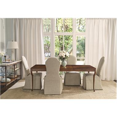 Room Scene: HC710-02 Lemont Side Chair shown in HC301-30 fabric, HC739-70 Hoof Dining table shown in Chestnut finish and HC299-70 Huxley Console/Bar shown in Chestnut finish.