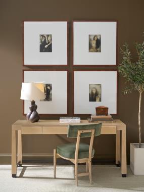 Room Scene: HC8238-70 Orson Desk shown in Ecru finish and HC7239-02 Klio Dining Chair shown in HC3087-62 fabric and Ecru finish with Brown Steel Accents.