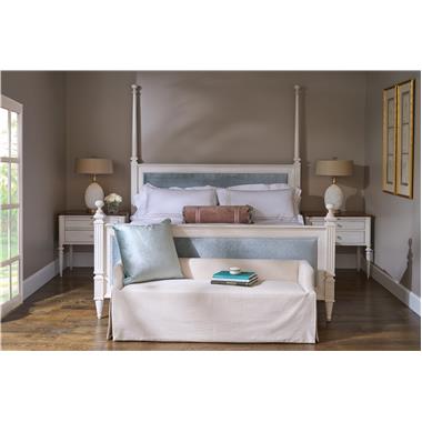 Room Scene: HC9762-10 Left Bank King Bed shown in fabric HC466-33 and Cream Linen finish, HC9766-70 Left Bank Nightstand shown in Truffle finish on top with Cream lined finish on base and Antique Brass pull out knob & COH hardware on drawers and HC1327-30 Parc Bench shown in HC3510-10 fabric with Optional throw pillow in COM fabric.