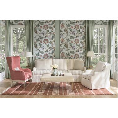 Room Scene: PE6722-30 Harrison Sofa with Dressmaker Skirt shown in HC281-70 body fabric with HC490-23 fabric on throw pillows, HC6722-01 Harrison Swivel Chair with Kick-Pleat Skirt shown in HC493-11 fabric with HC446-74 welt, PE6725-00 Benedict Wing Chair shown in HC4300-53 fabric with PE1116-91 welt and Chalk finish, PE6742-50 Max Square Cocktail Ottoman shown in HC9004-92 leather and Chestnut finish and HCP9161-STL Kelli Round End Table.