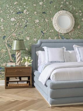 Room Scene: HC3437-K Carrington King Bed shown in HC511-32 fabric and Cream Linen finish and HC3513-70 Rooney 1 Drawer Nightstand shown in Chestnut finish.