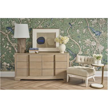Room Scene: HC3459-70 Sparta Dresser shown in Ecru finish; HC3408-23 Carlyle Chair shown in HC140 Leather and Cream Linen finish and HC3432-70 Ailey Spot Table shown in Chestnut finish.